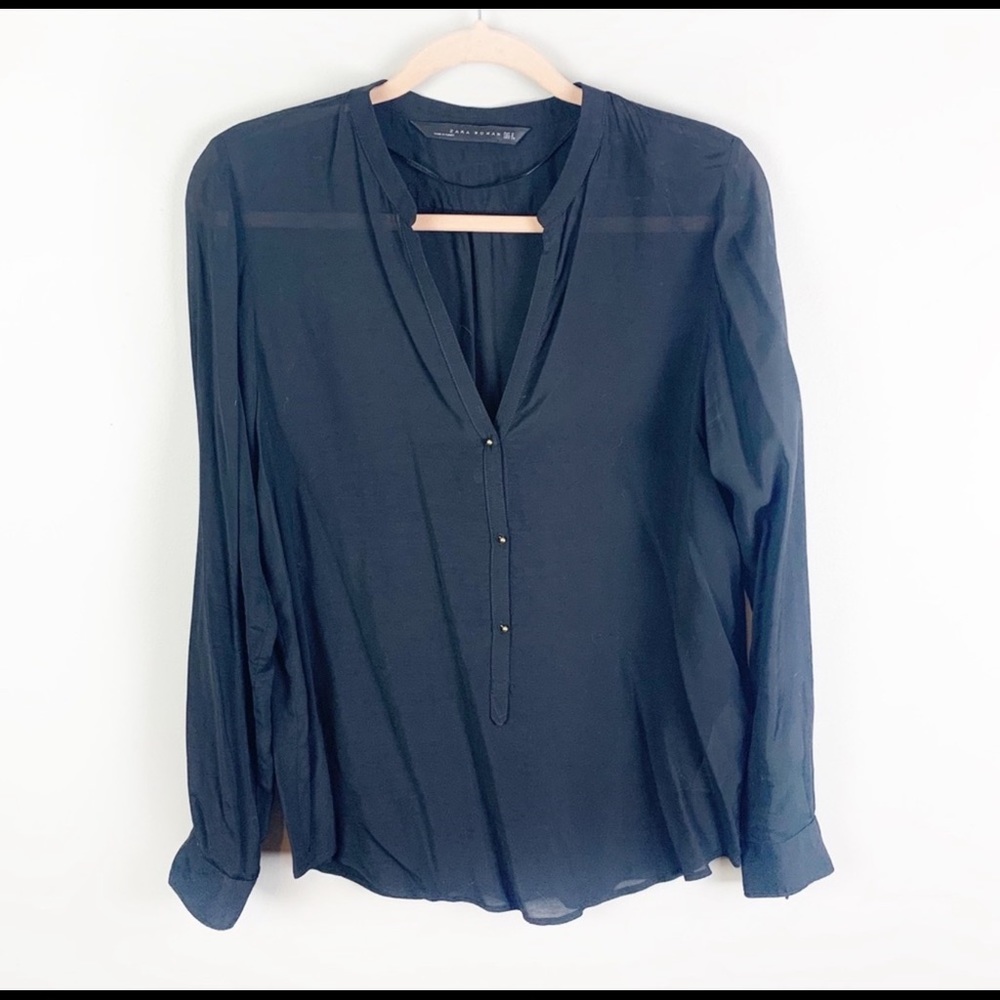 Zara Woman Black Half Button Up Sheer Top